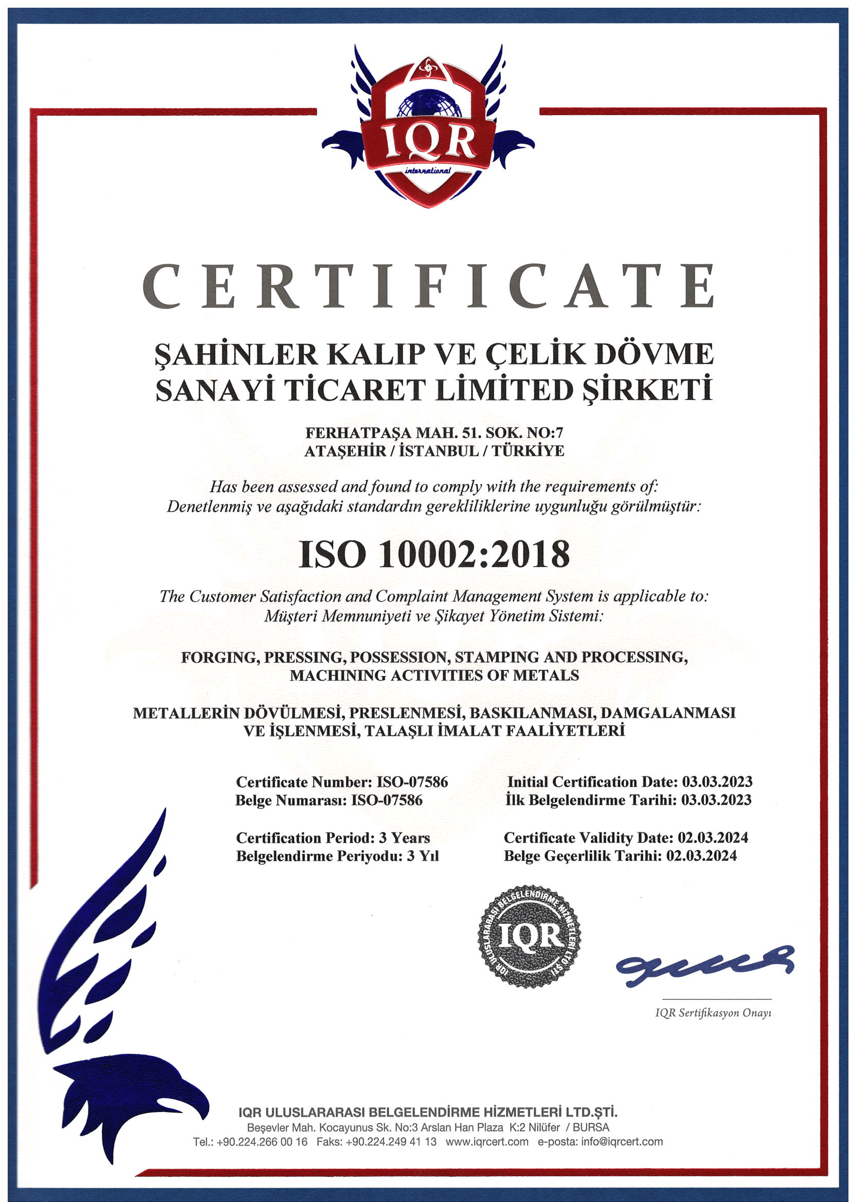 Şahinler Kalıp ve Çelik Dövme Sertifika