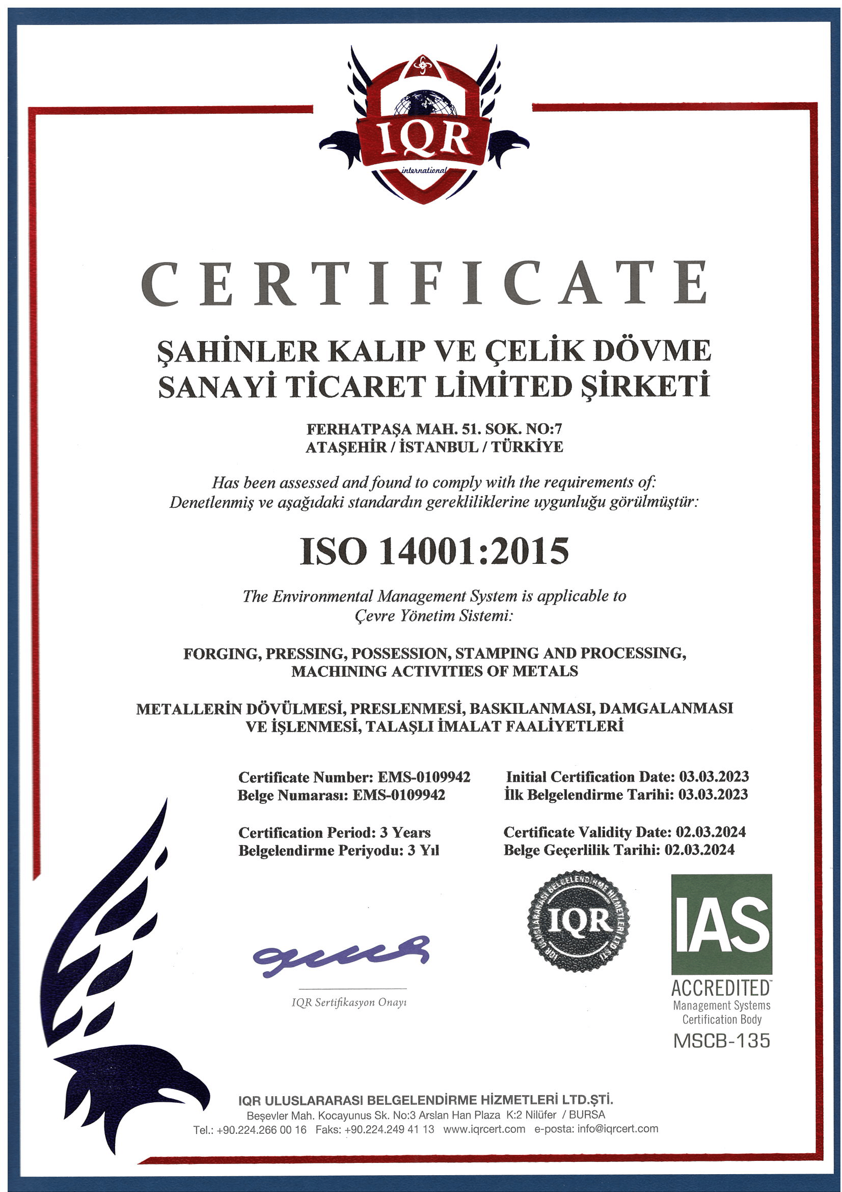 Şahinler Kalıp ve Çelik Dövme Sertifika